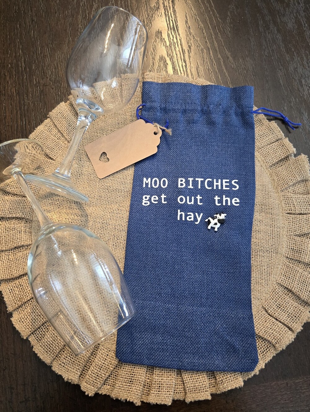 🍷🐄 Brand New Handmade Funny Cow Burlap Wine Gift Bag With Kraft Tag 🤠🍷